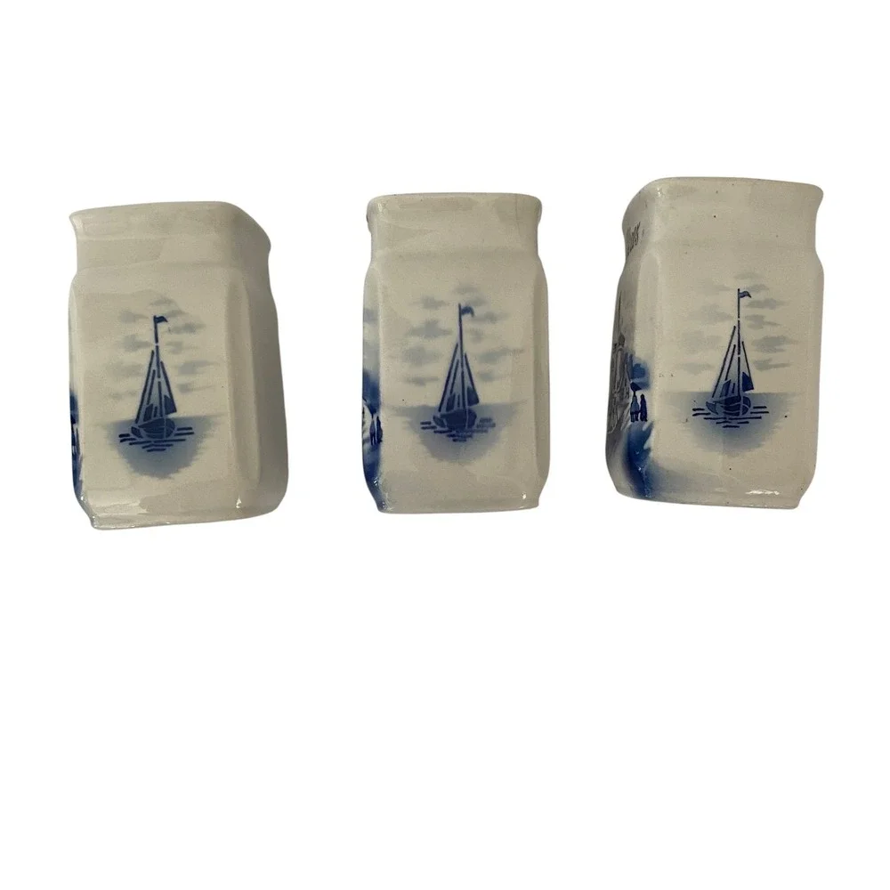 Vintage A.W. Germany Delft Style Blue White Ceramic Spice Jars Set of 3 Windmill